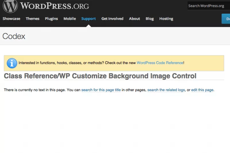 Image of the WordPress Codex page with no information on this topic!